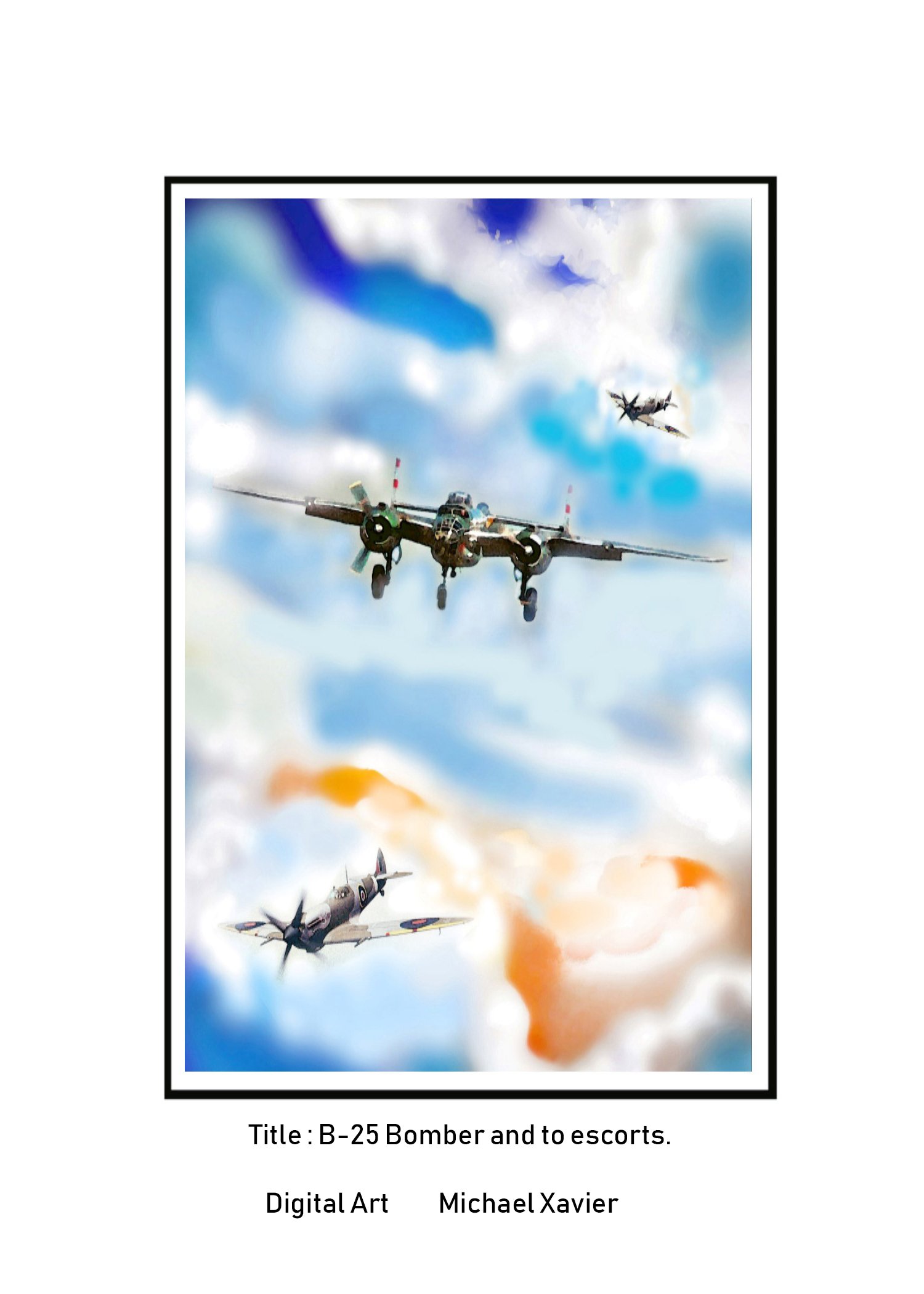B-25 bomber and escort aircraft painting by Michael Xavier